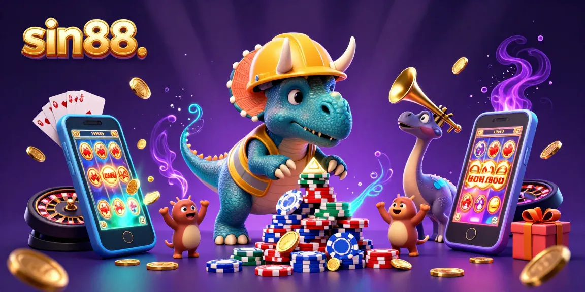 Experience excitement at sin88 with vibrant 3D characters surrounded by slot games and poker elements.
