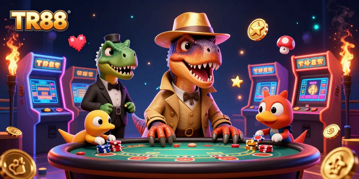 TR88 velociraptor counting cards at a blackjack table amidst vibrant arcade elements.