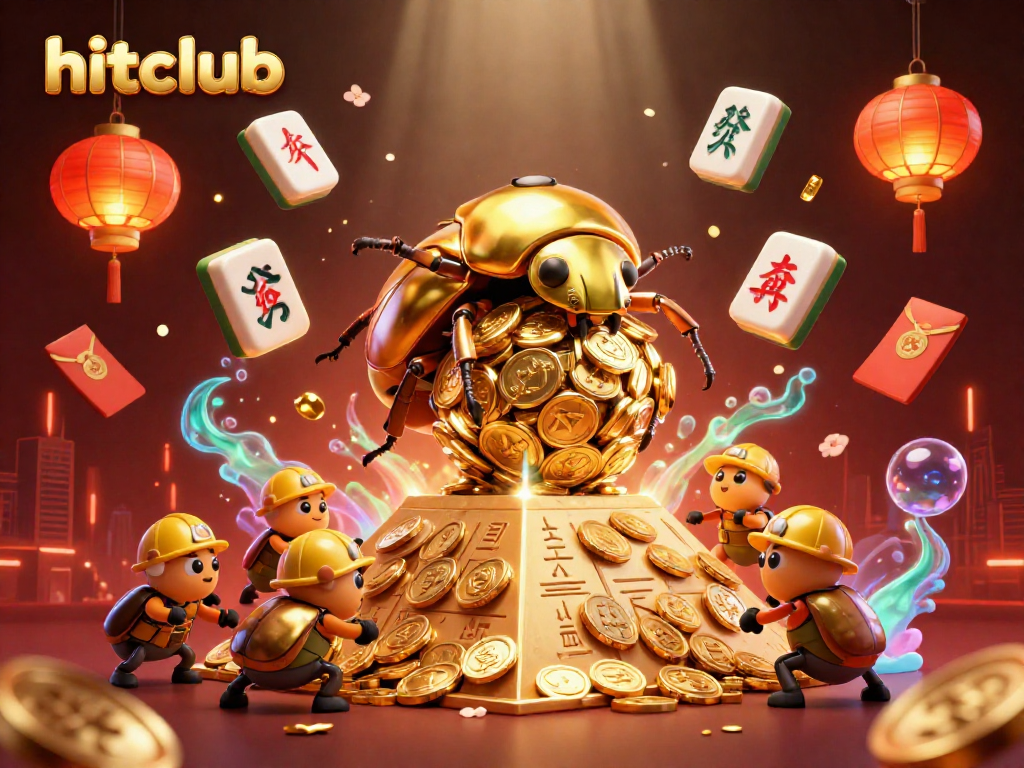 Engage with hitclub's thrilling 3D illustration of golden beetles and casino excitement.