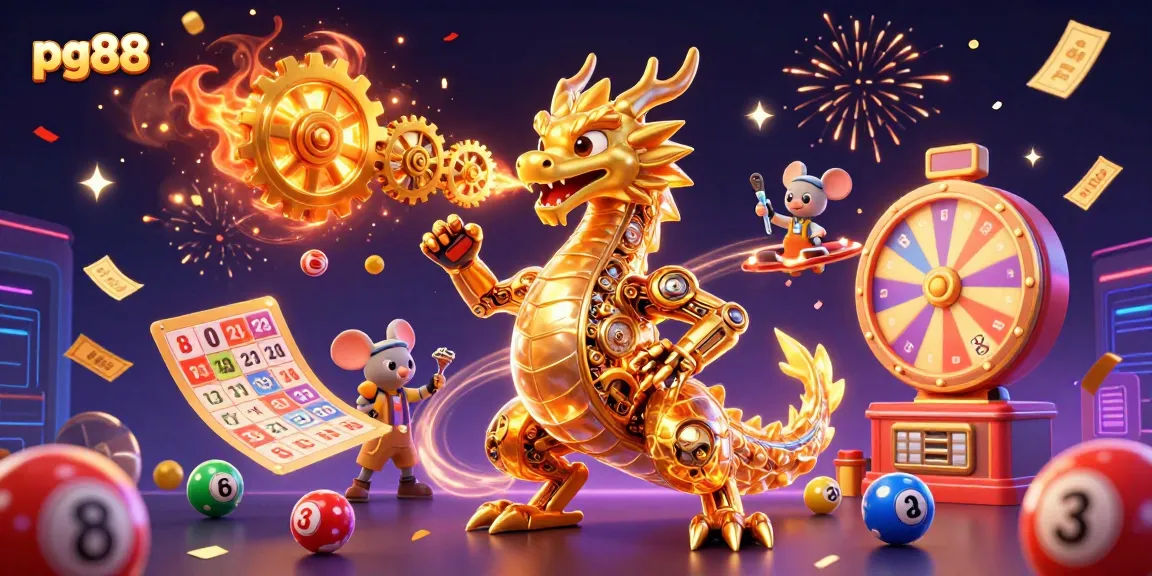 Join the fun at pg88 with a dazzling 3D gaming scene featuring vibrant lottery elements and a mechanical dragon.