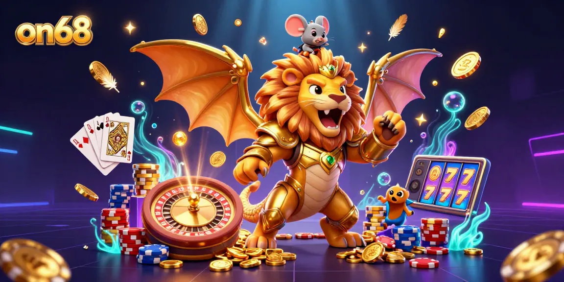 Experience thrilling gameplay with on68's dynamic casino scene featuring golden coins and a roaring chimera.