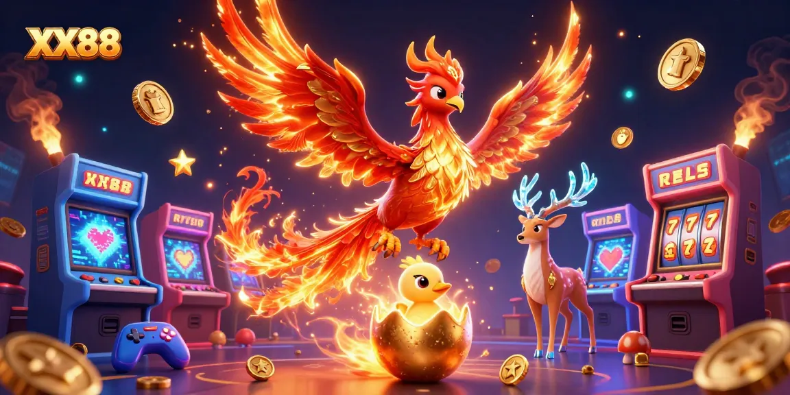 Engage with XX88's thrilling casino experience featuring a phoenix and colorful arcade elements.