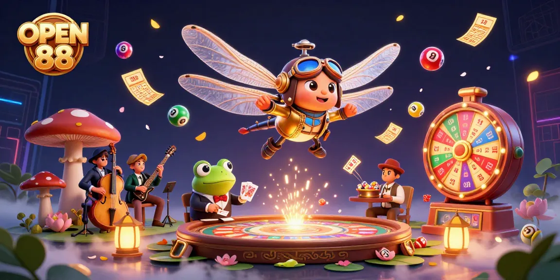 Engage with OPEN 88’s vibrant online casino world, featuring a dynamic scene of playful characters and lively gaming elements.