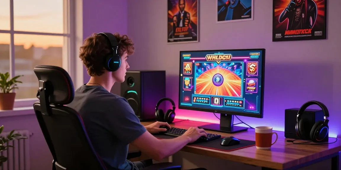 CICAKWIN player enjoying an online slot game in a vibrant home office.