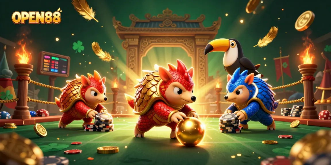 Experience thrilling games at OPEN88 with rival pangolins bowling through poker chips in a vibrant casino scene.