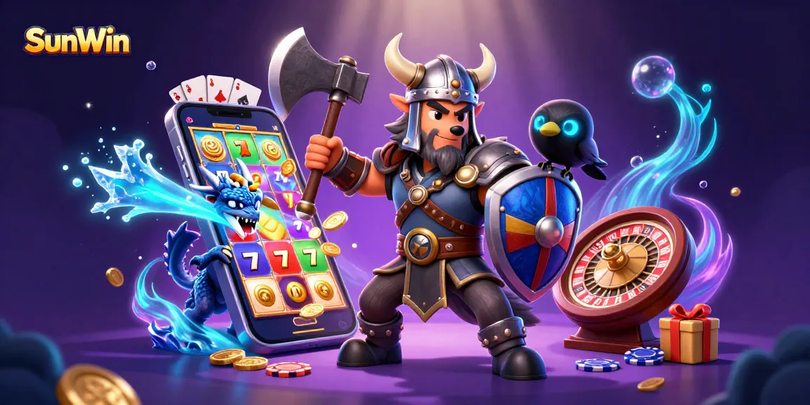 Engage with SunWin's thrilling games through a vibrant 3D casino illustration showcasing dynamic characters and colorful slot elements.