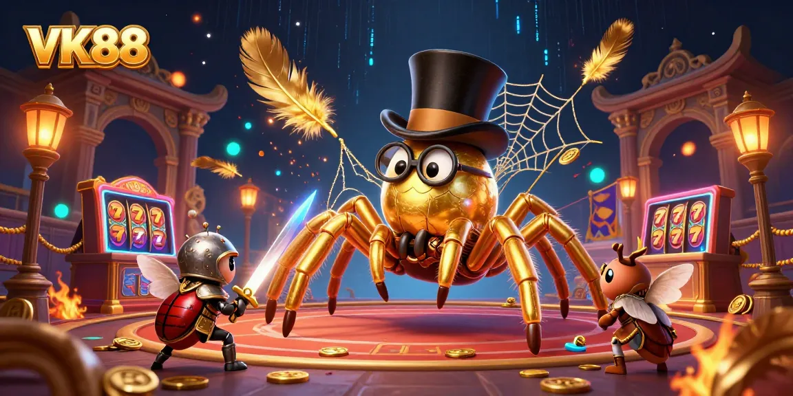 Experience thrilling fun at VK88 as a golden tarantula weaves its web amidst vibrant casino elements.