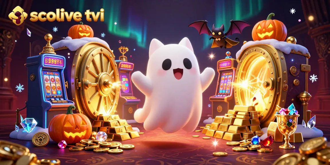 Socolive tivi showcases a vibrant ghost cat in a casino, surrounded by glowing treasures, enhancing the gambling experience.
