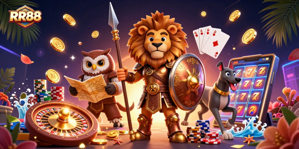 Experience the excitement of RR88 online casino with a vivid 3D scene showcasing a heroic lion, owl strategist, and greyhound.