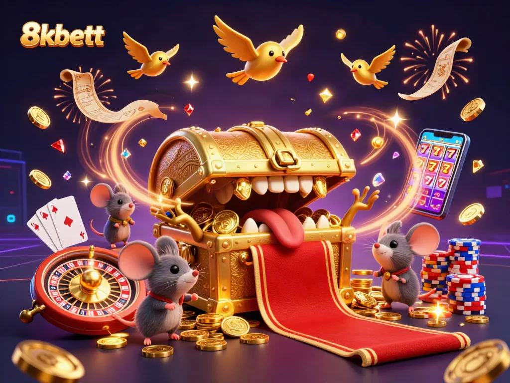 Experience thrilling wins at 8kbett with a dynamic 3D casino adventure illustration.