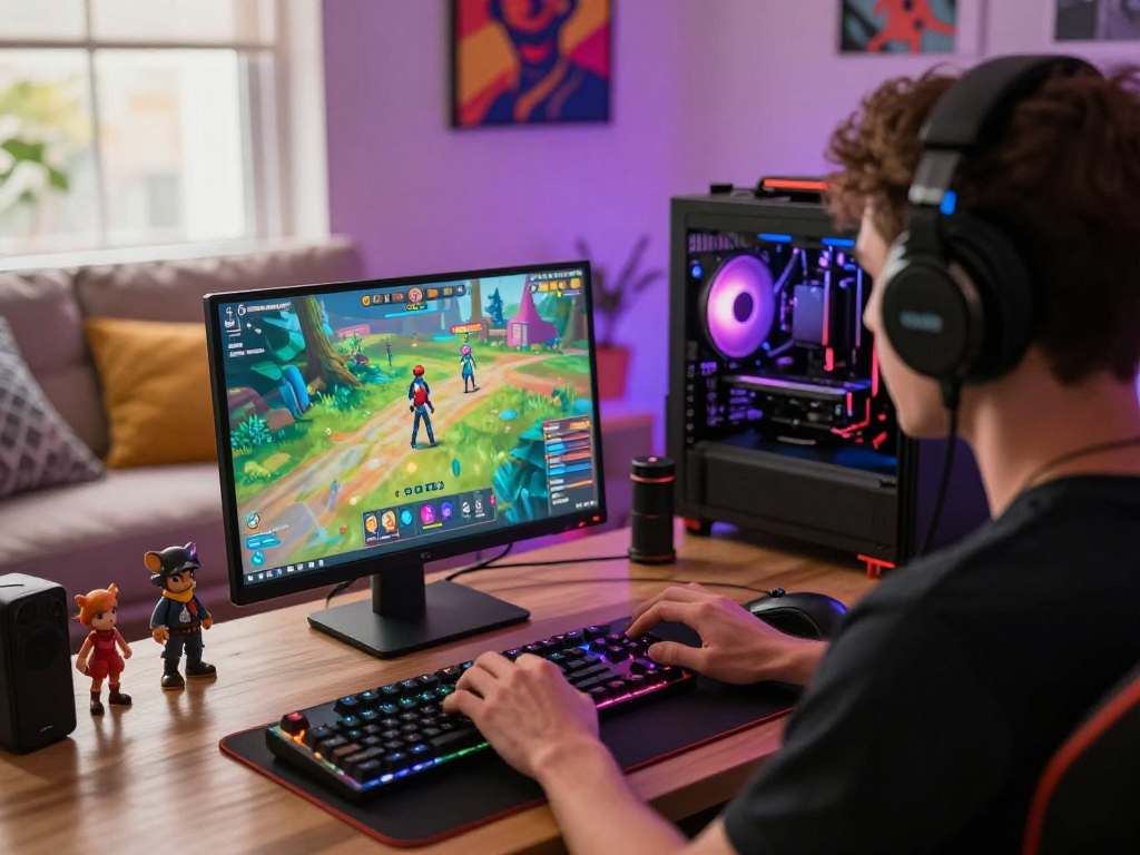 Engaging scene of a person playing transformation porn games on a laptop with colorful graphics and gaming accessories.