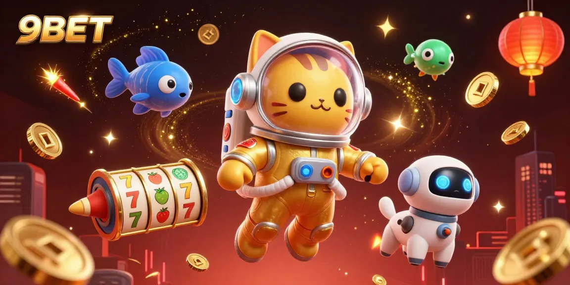 Experience thrilling gaming adventures with 9BET as a cartoon astronaut cat explores a vibrant casino universe.