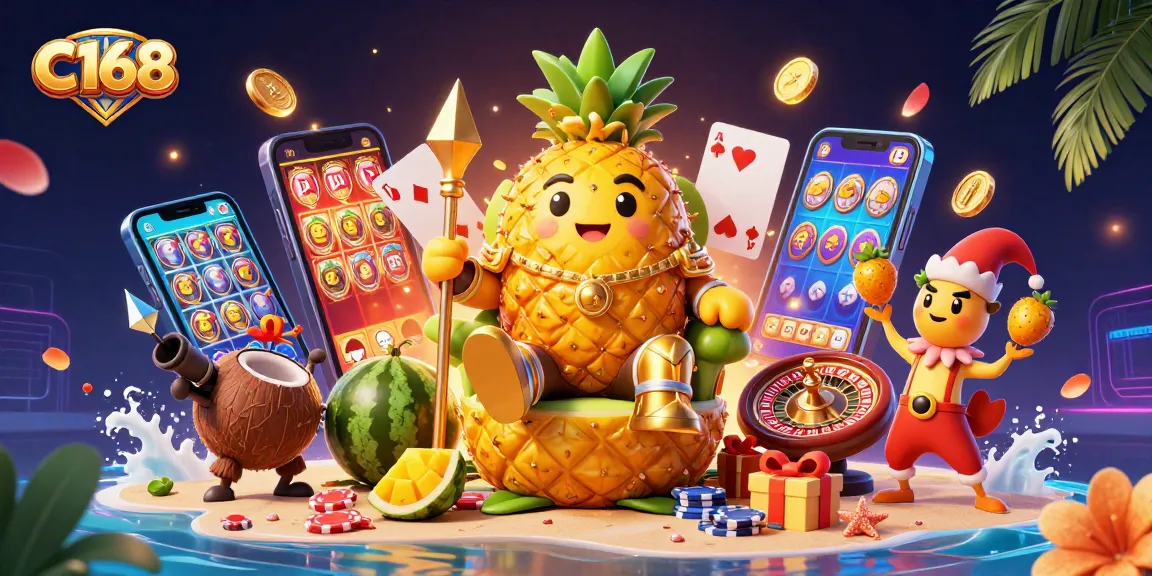 C168 engages players with exciting games featuring vibrant characters on a tropical beach casino scene.