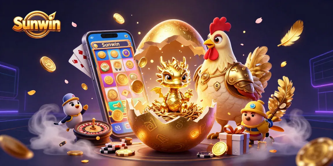 Sunwin offers a thrilling gambling experience with a golden dragon and gaming elements in a vibrant scene.