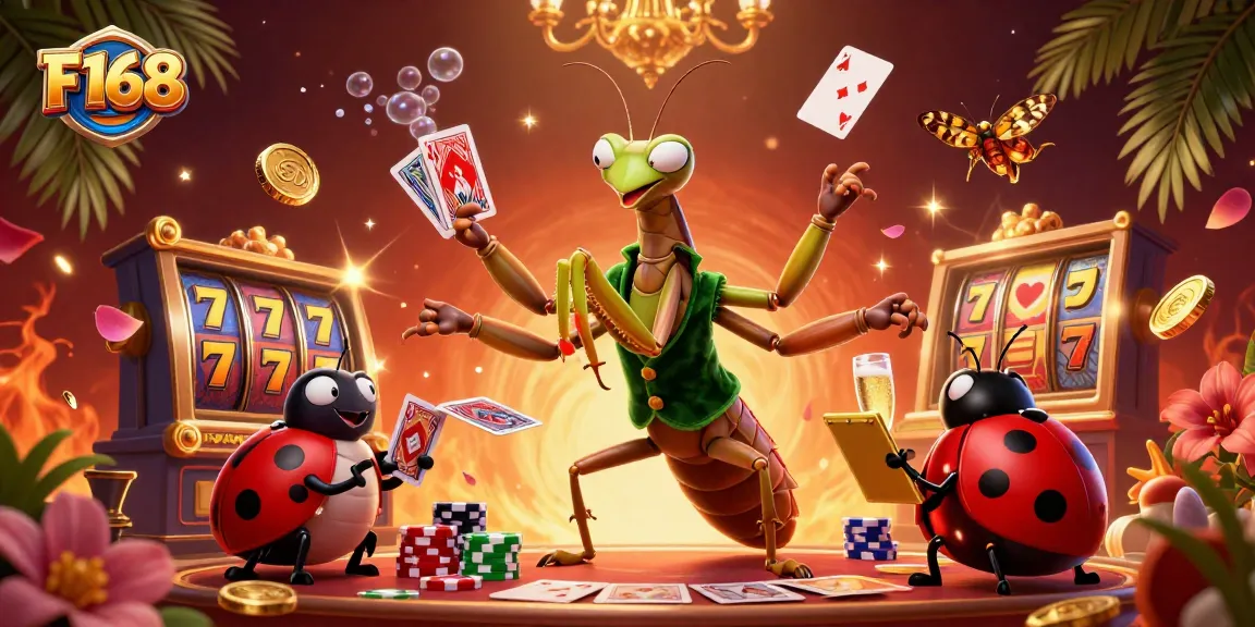 Experience F168's exciting casino scene with a giant praying mantis and vibrant slot elements.